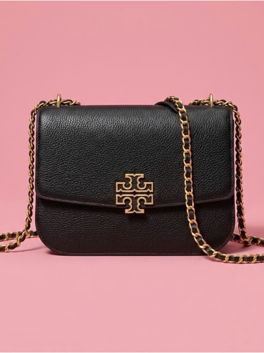 Black Leather Crossbody Bag with Gold Chain Strap